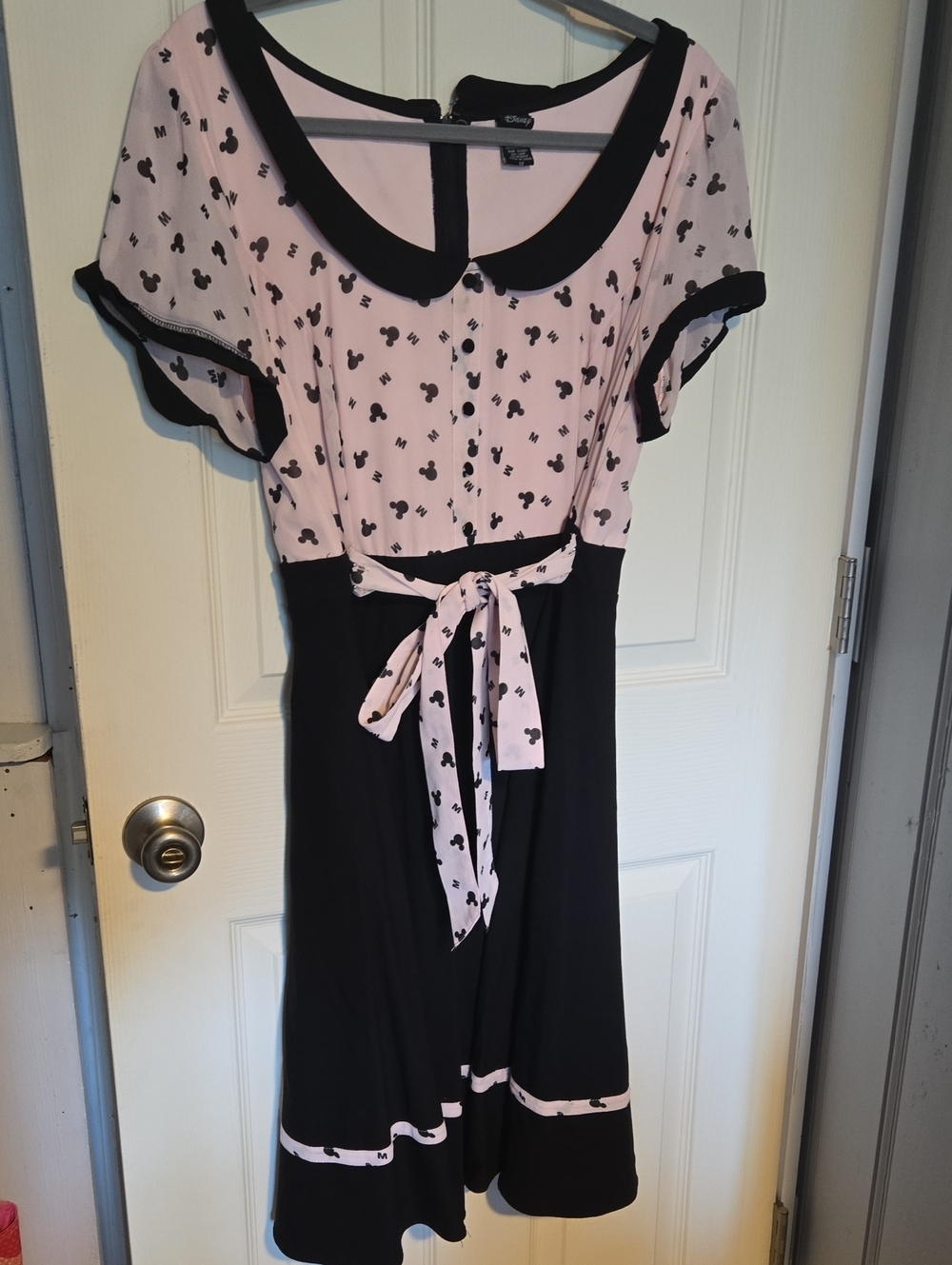 Disney Pink & Black Midi Dress with Mickey Print and Waist Tie
